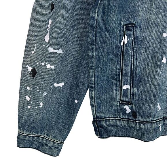 New WeSC Men US M Classic Casual Jacket White Paint Splatter Blue Denim | $220 - Picture 9 of 15